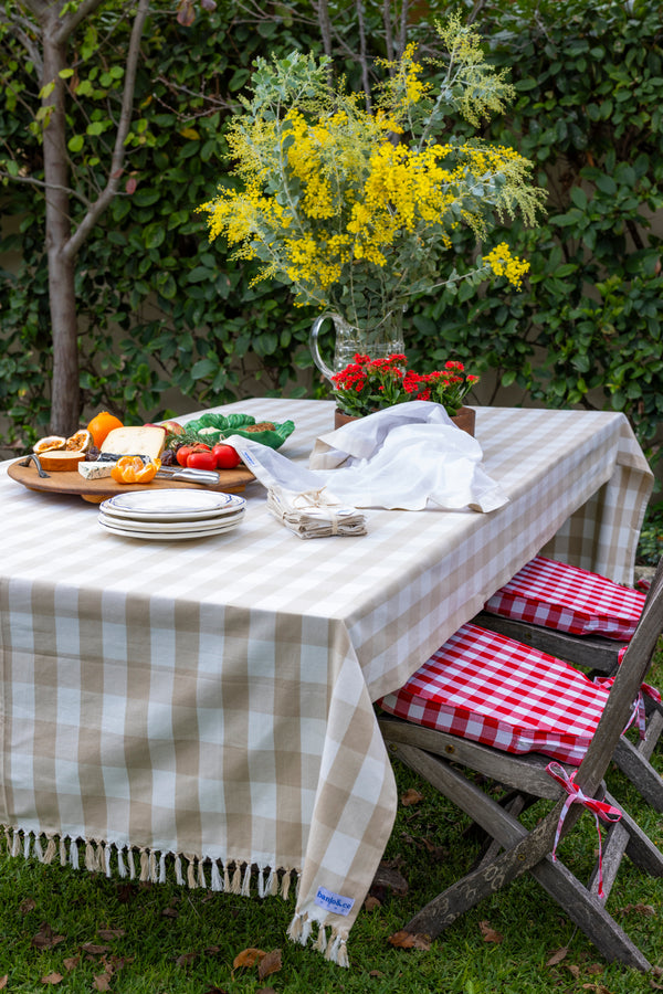 Hand Knotted Natural Gingham Tablecloth